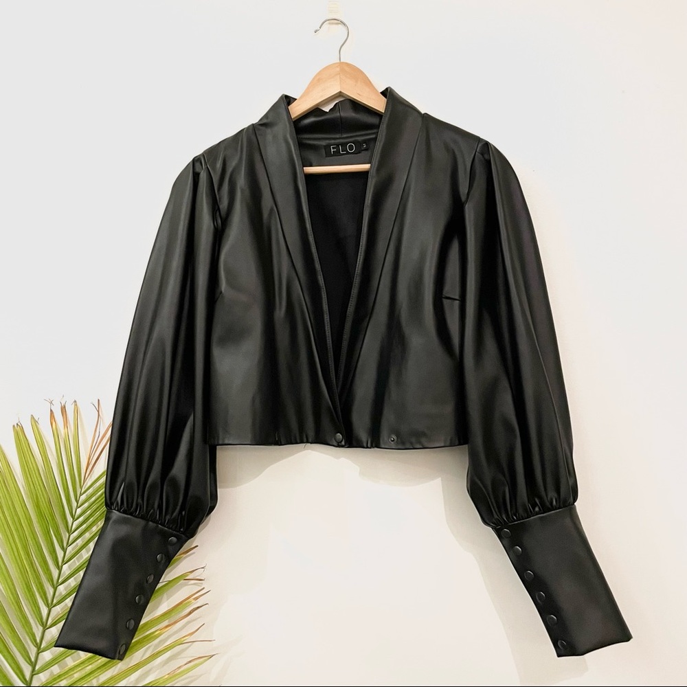 Cropped Oversized Puff Sleeve Faux Leather Shirt / Jacket Ukrainian Design